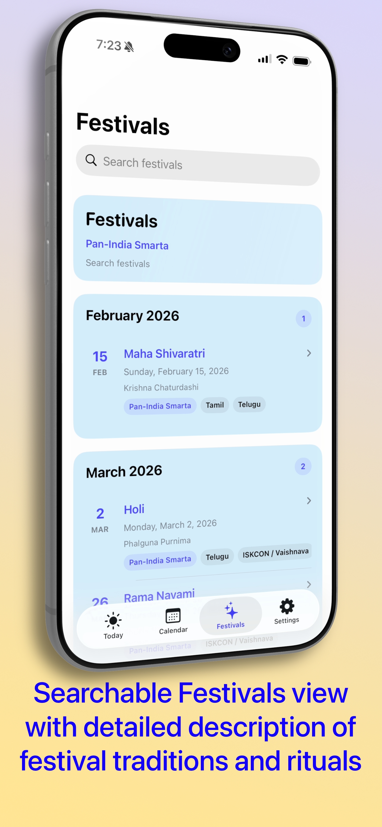 Festival browser with search, monthly sections, and details for rituals and traditions